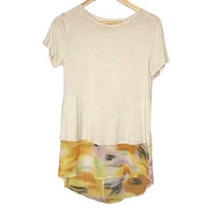 LOGO Lori Goldstein Hi-Low Knit Tan/Yellow Pockets Top Watercolor Effect Size S
